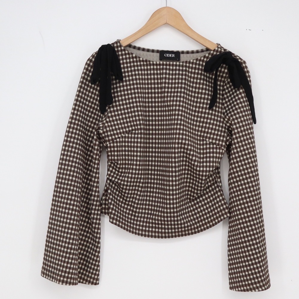 Cider Top Womens L Gingham Bow Shoulder Brown Bell Sleeve Excellent
